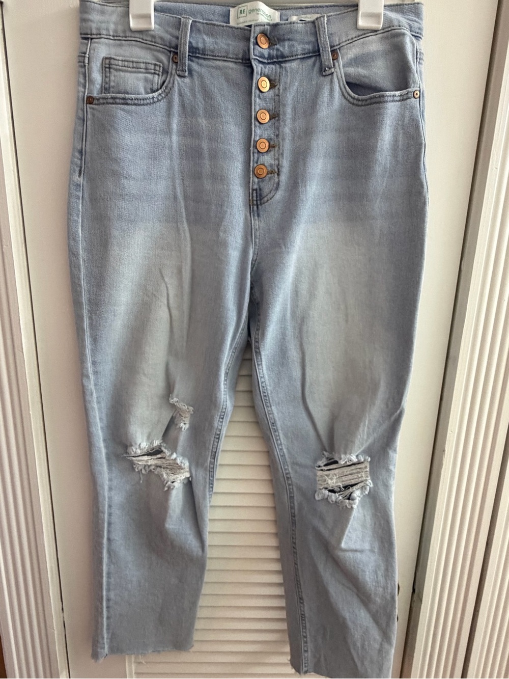 Celebrity Pink Light Blue Distressed Ankle Jeans with Button-Fly